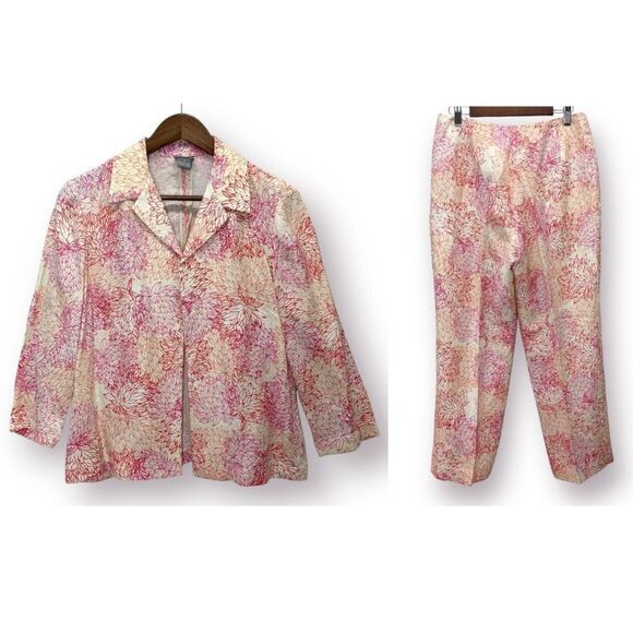 Sigrid Olsen 2 Piece Linen Blend Pantsuit Gold Red Button Up Size Medium 8 - Picture 1 of 16